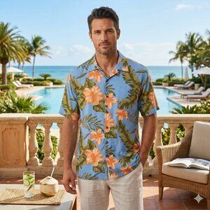 Panama Jack Men’s 2XL Blue & Orange Tropical Palm Rayon Hawaiian Shirt